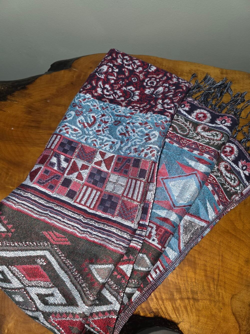 Tribal Geometric Oversize Scarf Wrap With Metallic Weave